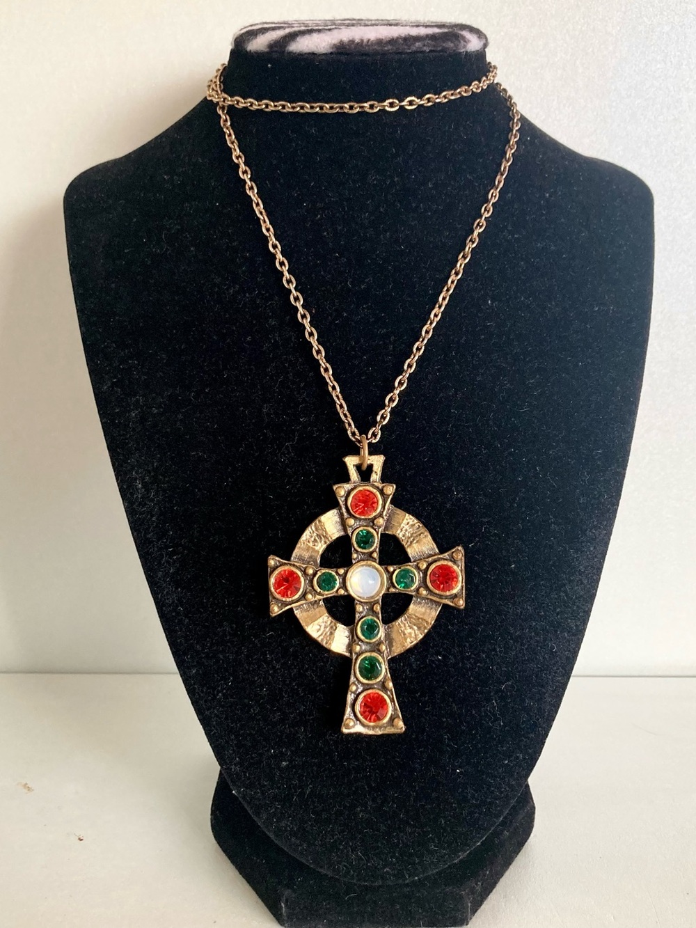 Gold-Tone vintage Cross Pendant Necklace with Red-orange, Green rhinestones